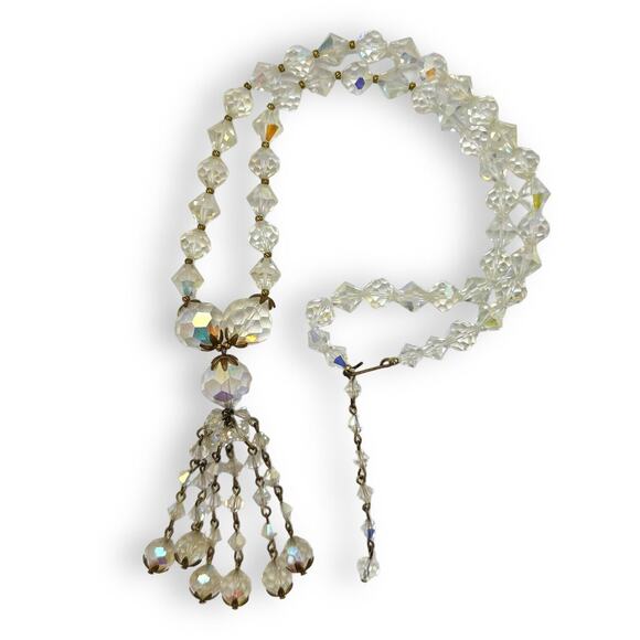 Aurora Borealis Glass Crystal Bead Necklace Long Necklace Tassel Gold Tone 50s - Picture 14 of 16